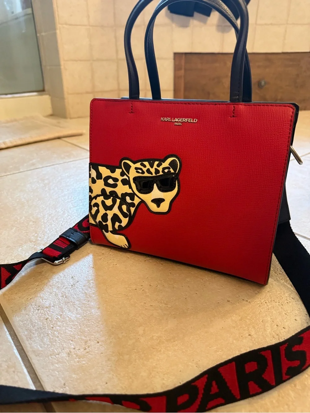 Karl Lagerfeld Red Satchel with Leopard Patch and Branded Strap